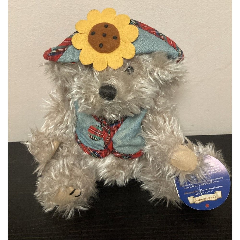 Brass Button Collection “Blossom” Plush Bear Sunflower Hat Denim & Plaid Vest